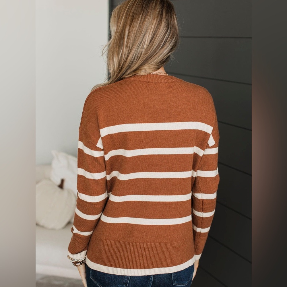 Burnt Orange Cream Striped Soft Knit Lightweight Sweater, Relaxed Fit, Medium - Picture 7 of 11